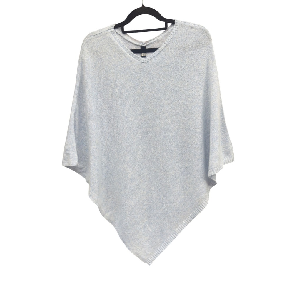 Beryll Light Blue 100% Cashmere V-Neck Asymmetric Draped Poncho Made in USA